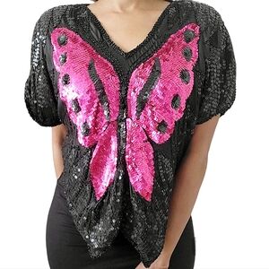 Vintage Butterfly Sequins Beaded Silk Top Size S/M